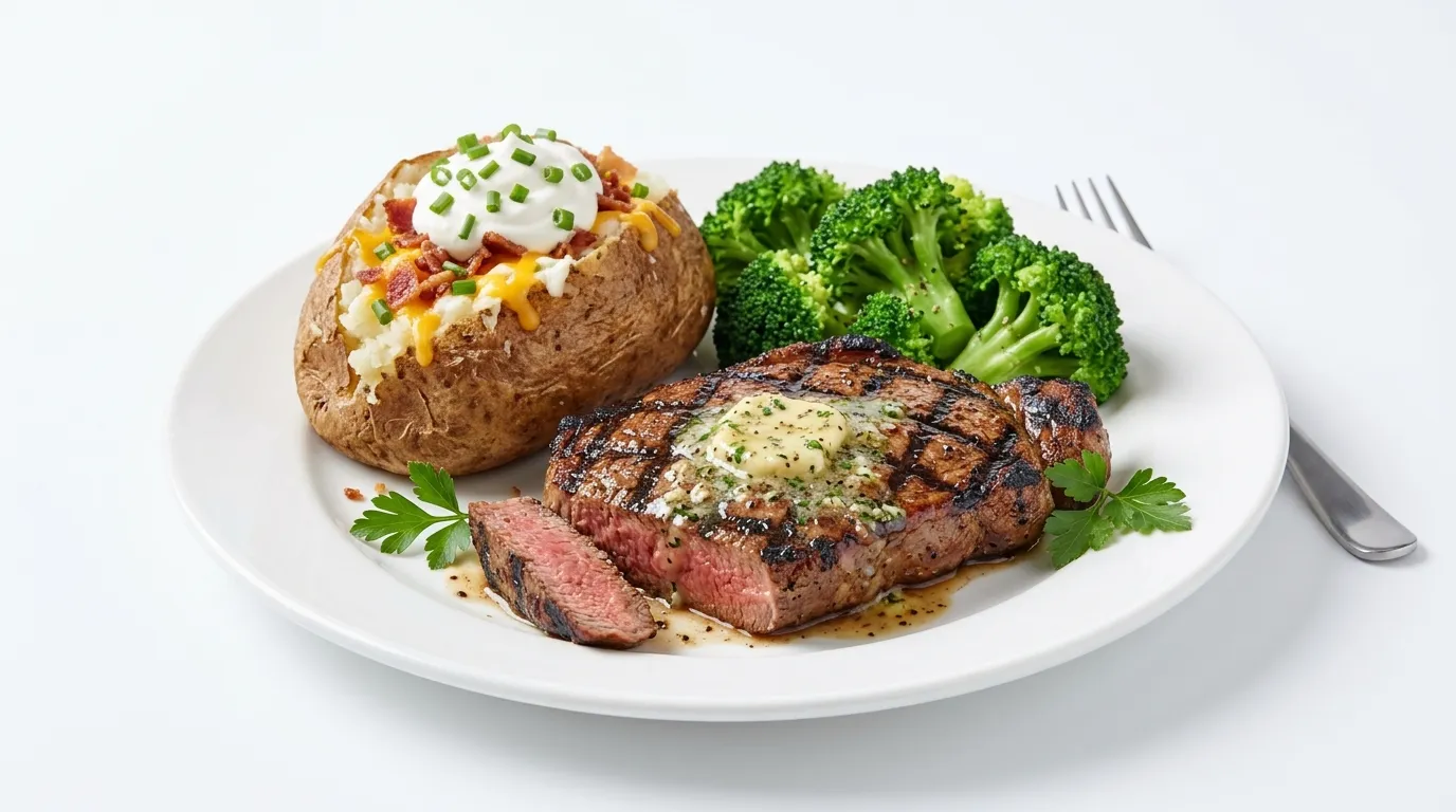 Grilled 8 ounce top sirloin steak with mashed potatoes and broccoli