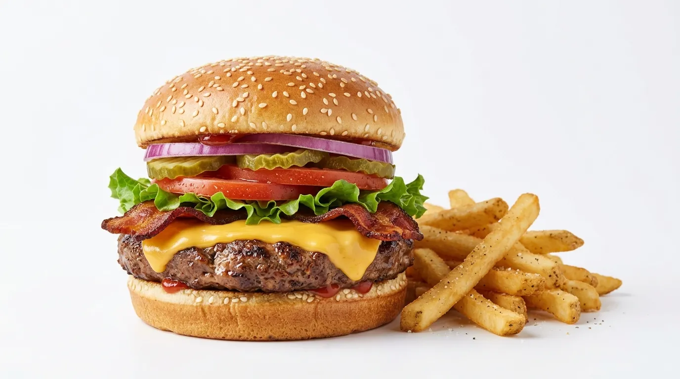 Bacon cheeseburger with two cheese slices and fries