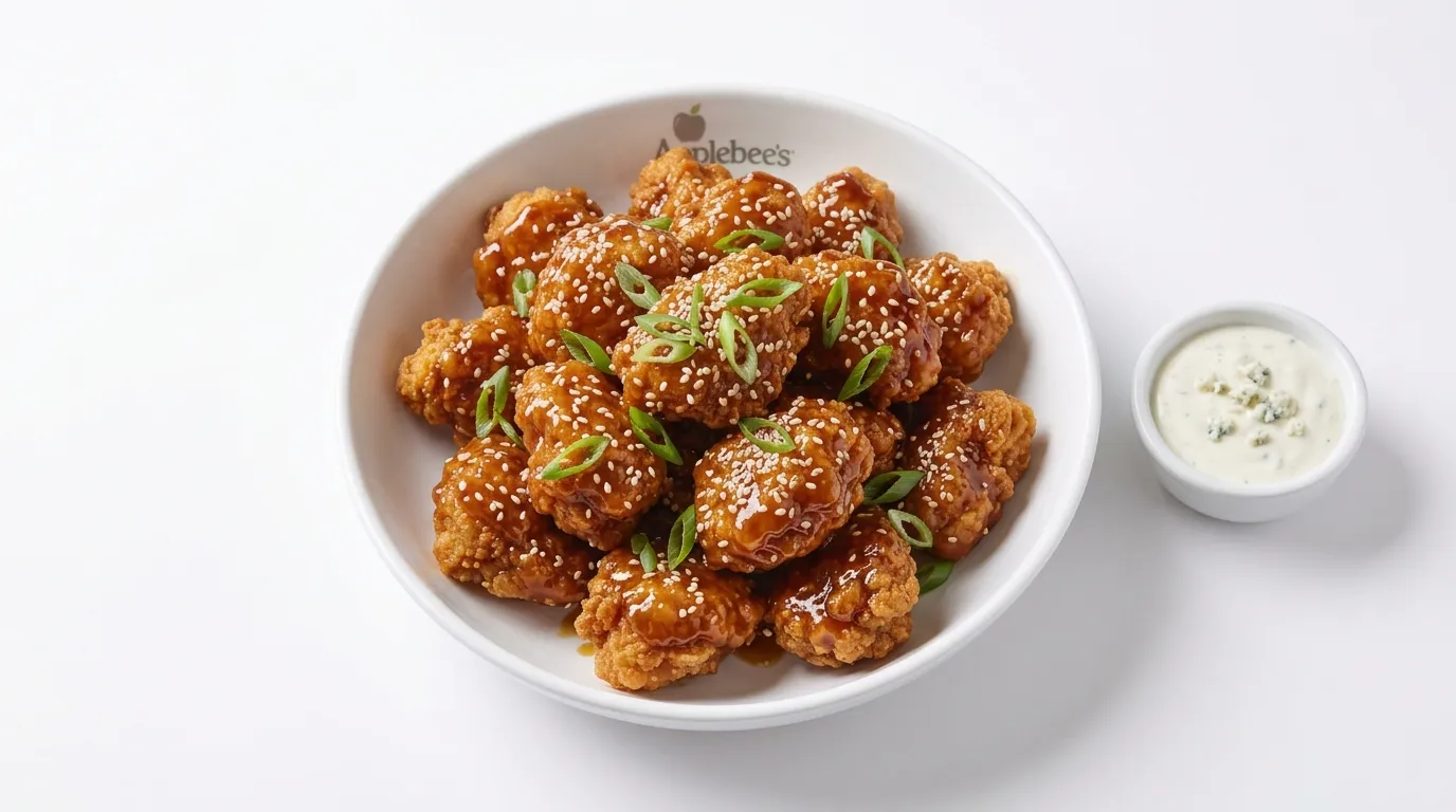 Boneless wings tossed in honey BBQ sauce with dipping sauce