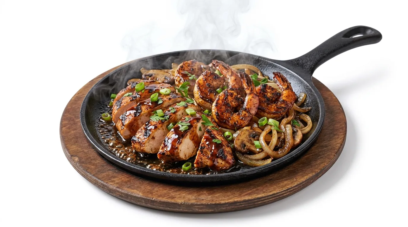 Cajun chicken and blackened shrimp sizzling on a cast-iron skillet with mushrooms and onions