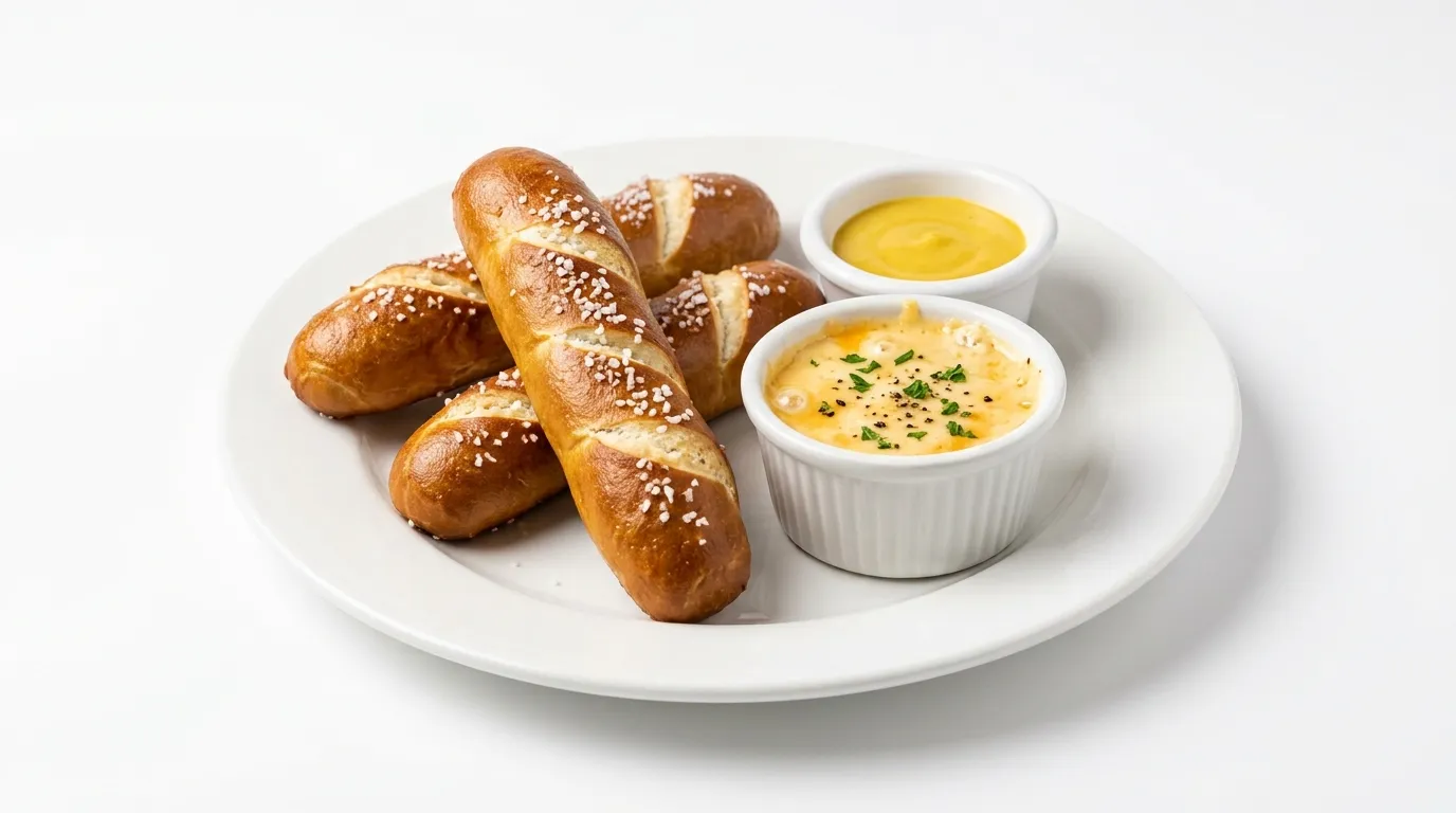 Soft pretzel sticks with beer cheese dip and honey Dijon mustard