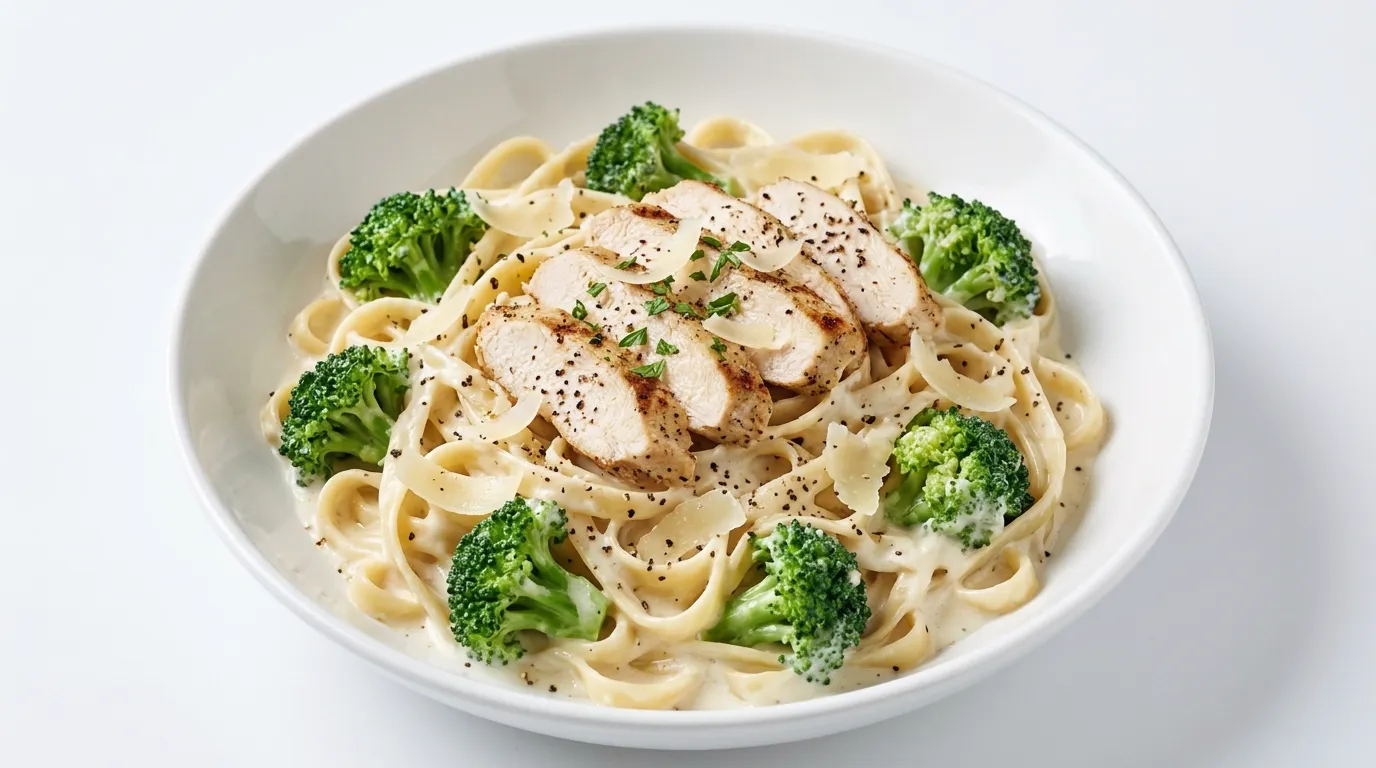 Fettuccine alfredo with grilled chicken and broccoli florets