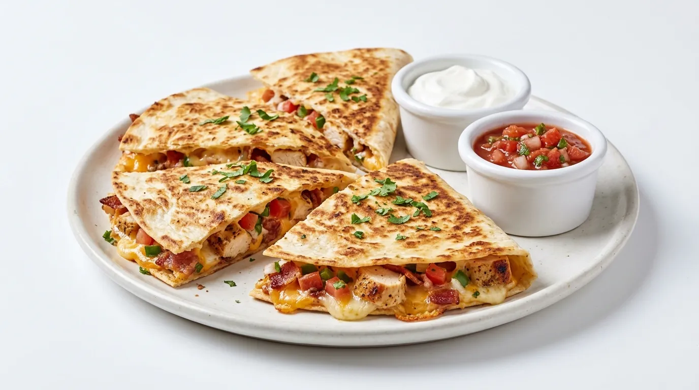 Grilled chicken quesadilla wedges with pico de gallo and sour cream