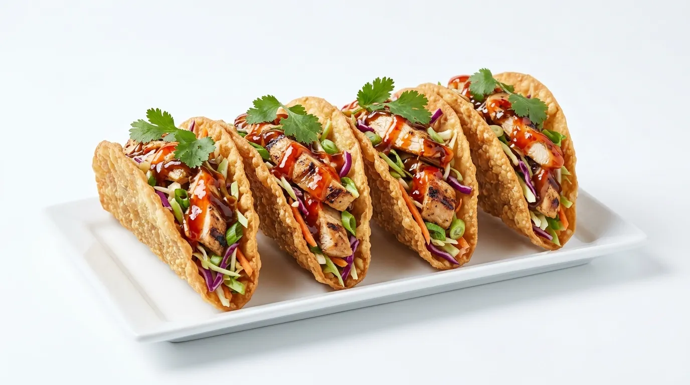 Crispy wonton shells filled with grilled chicken, slaw and cilantro