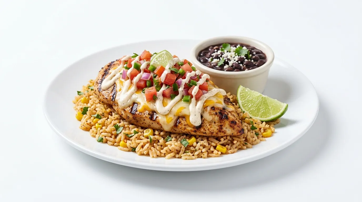 Grilled chicken breast topped with melted cheese and ranch over tortilla strips with rice