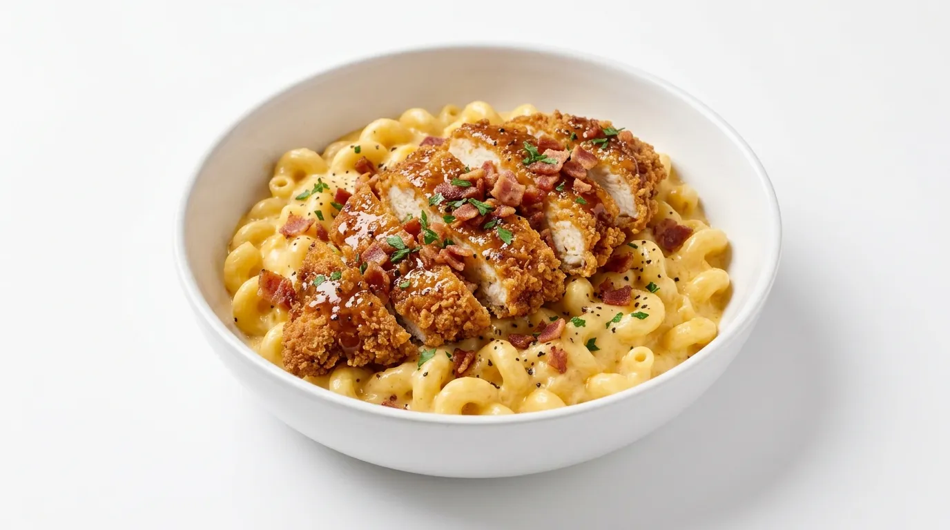 Four-cheese penne topped with glazed chicken tenders and bacon