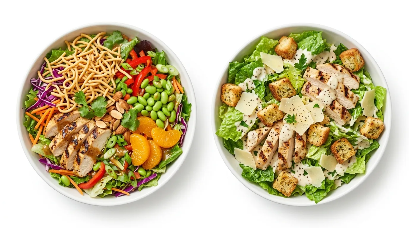 Selection of salads with grilled and crispy chicken