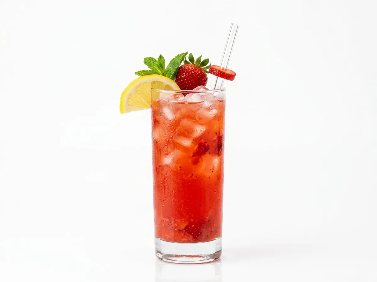 Blended fruit smoothie in a tall glass