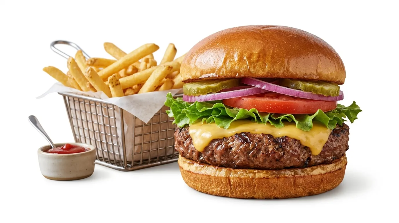 Plant-based burger patty with cheese, lettuce, tomato and pickles on a brioche bun