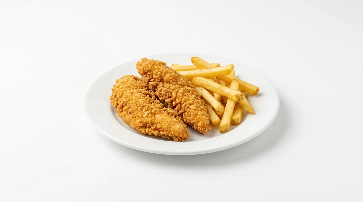 Kids chicken tenders with fries and dipping sauce