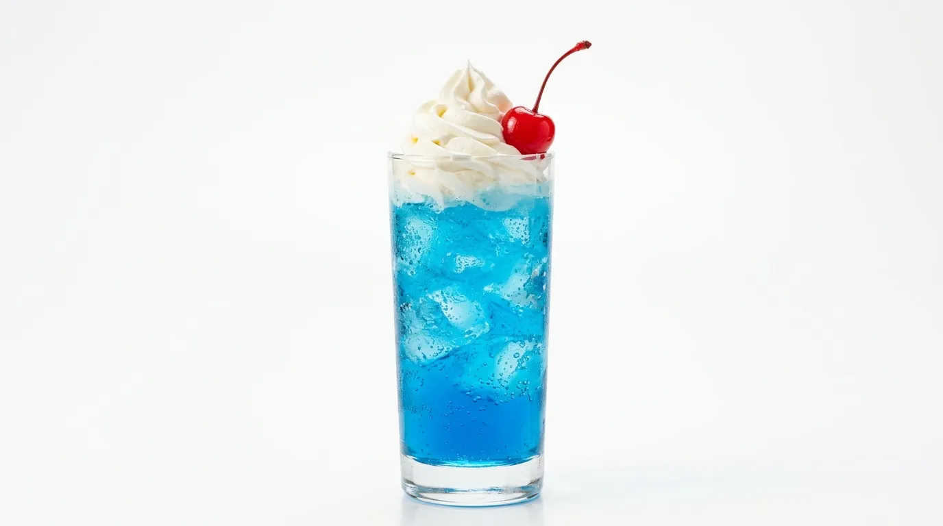 Blue Mountain Dew dirty soda with whipped cream and a cherry