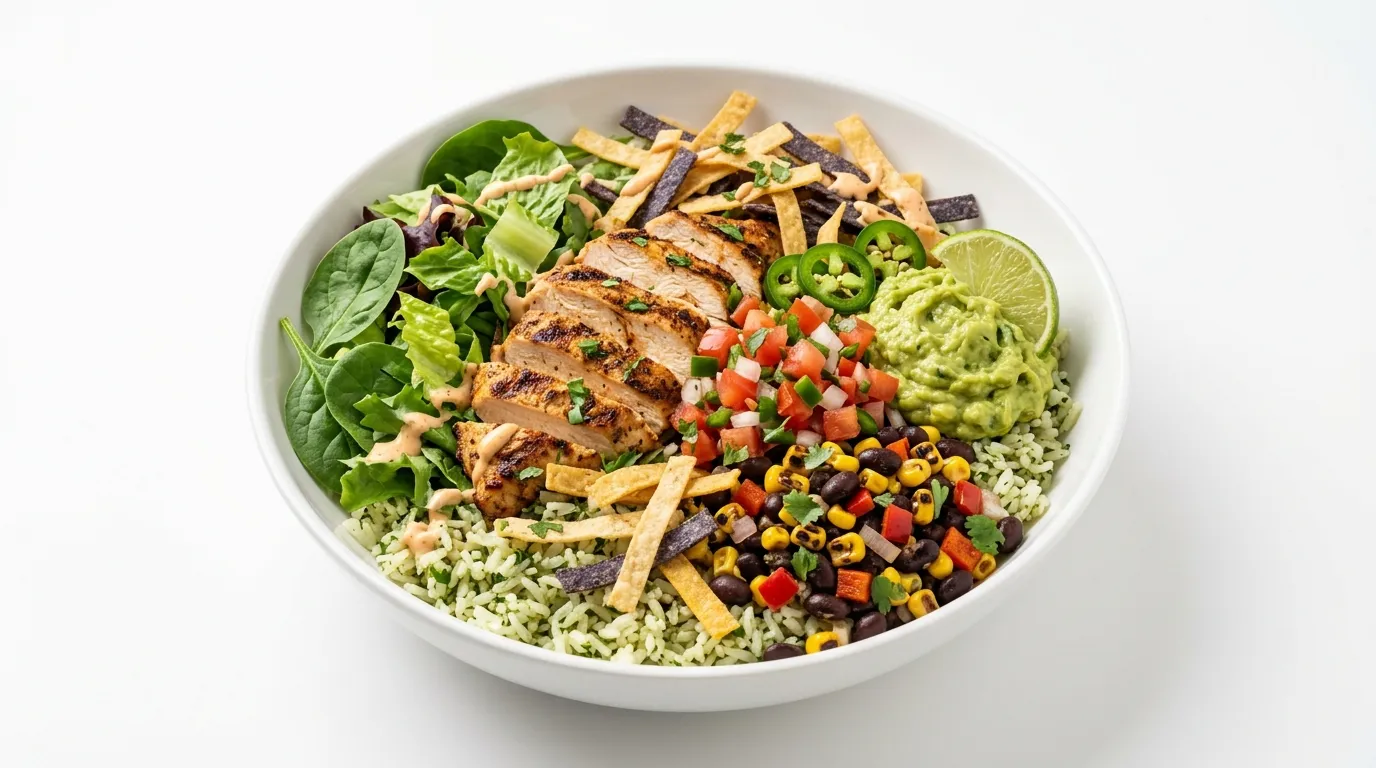 Grilled chipotle lime chicken over cilantro rice with salsa, guacamole and tortilla strips