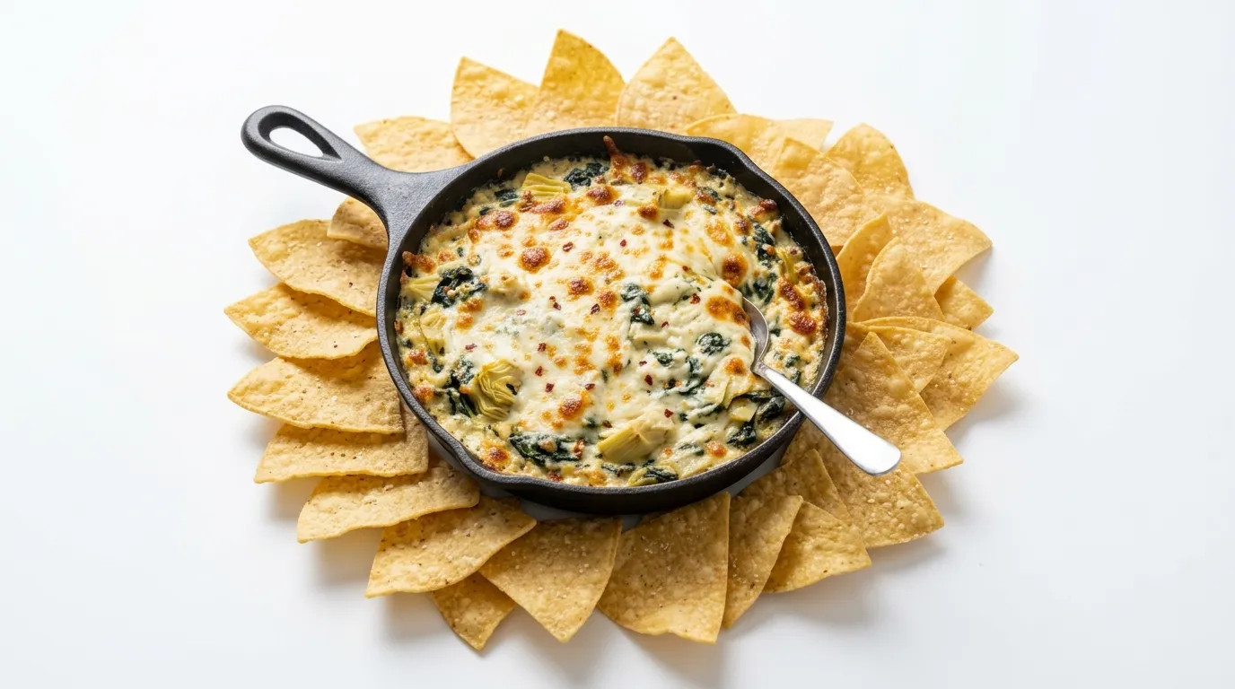 Creamy spinach and artichoke dip with tortilla chips and salsa