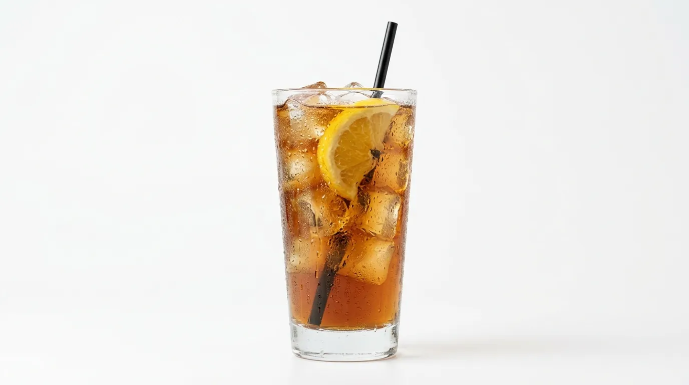 Long Island iced tea with lemon garnish over ice